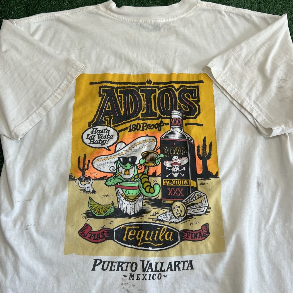 Vintage Adios Tequila T Shirt Mens XL White Puerto Vallarta Funny Stianed 90s